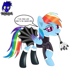 Size: 3840x3840 | Tagged: safe, alternate version, artist:damlanil, imported from derpibooru, rainbow dash, pegasus, pony, blushing, clothes, comic, cute, duster, eyeshadow, female, happy, high res, latex, latex socks, looking at you, maid, makeup, mare, mouth hold, open mouth, rainbow maid, raised hoof, rubber, shine, shiny mane, simple background, socks, solo, talking to viewer, text, transparent background, vector, wings