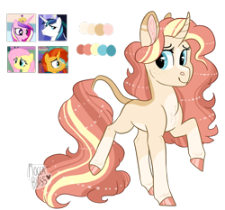 Size: 1613x1501 | Tagged: safe, artist:moccabliss, imported from derpibooru, fluttershy, princess cadance, shining armor, sunburst, oc, pony, unicorn, ambiguous gender, color palette, curved horn, fusion, horn, leonine tail