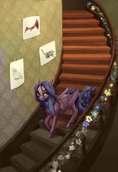 Size: 2000x2910 | Tagged: safe, artist:weird--fish, imported from derpibooru, oc, oc only, pegasus, pony, glasses, high res, looking at you, solo, stairs