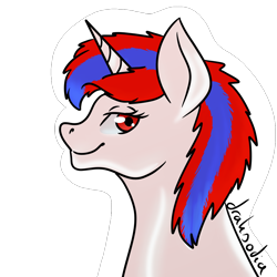 Size: 1000x1000 | Tagged: safe, artist:draksodia, imported from derpibooru, oc, oc:snowi, pony, unicorn, blue hair, bust, female, head, horn, looking at you, mare, red and blue, red eyes, red hair, smiling, smiling at you, white pony