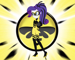 Size: 1884x1500 | Tagged: safe, artist:machakar52, imported from derpibooru, rarity, equestria girls, animal costume, bee costume, bodysuit, chloé bourgeois, clothes, cosplay, costume, crossover, female, hairstyle, hand on hip, mask, miraculous ladybug, ponytail, queen bee, solo