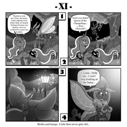 Size: 1200x1200 | Tagged: safe, artist:vavacung, imported from derpibooru, princess luna, queen chrysalis, alicorn, insect, moth, pony, comic:out of chrysalis, behaving like a moth, bugs doing bug things, comic, female, lamp, lämp, question mark, species swap