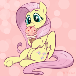 Size: 2048x2048 | Tagged: safe, artist:pfeffaroo, imported from derpibooru, fluttershy, pegasus, pony, abstract background, cute, daaaaaaaaaaaw, female, food, high res, holding, hoof hold, ice cream, licking, looking at something, mare, shyabetes, sitting, smiling, solo, three quarter view, tongue out, underhoof, wings