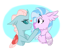Size: 2281x1761 | Tagged: safe, artist:moccabliss, imported from derpibooru, ocellus, silverstream, changedling, changeling, classical hippogriff, hippogriff, female, heart, lesbian, ocellustream, shipping