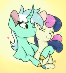 Size: 1454x1611 | Tagged: safe, artist:moccabliss, imported from derpibooru, bon bon, lyra heartstrings, sweetie drops, earth pony, pony, unicorn, cloven hooves, colored hooves, curved horn, eyes closed, female, happy, heart, horn, lesbian, lyrabon, mare, nuzzling, one eye closed, shipping, smiling