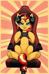 Size: 2649x4000 | Tagged: safe, artist:confetticakez, imported from derpibooru, sunset shimmer, pony, unicorn, equestria girls, 666, :p, abstract background, chair, controller, female, gamer sunset, gaming chair, gaming headset, headphones, hoof hold, index get, looking at you, mare, microphone, office chair, solo, tongue out