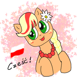 Size: 1000x1000 | Tagged: safe, artist:foxy1219, imported from derpibooru, oc, oc only, oc:poppy seed (mec), earth pony, pony, mascot, middle equestrian convention, not applejack, poland, polish, polish flag, scene interpretation, solo, tongue out