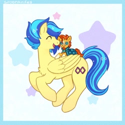 Size: 1362x1362 | Tagged: safe, artist:spoonknifey, imported from derpibooru, sunburst, oc, oc only, oc:koa, pegasus, pony, blaze (coat marking), coat markings, eyes closed, facial markings, happy, plushie, smiling, socks (coat markings), solo