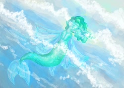 Size: 1754x1240 | Tagged: safe, artist:piandow, imported from derpibooru, oc, oc only, hybrid, merpony, seapony (g4), bubble, dorsal fin, eyes closed, fin wings, fish tail, flowing mane, flowing tail, green mane, ocean, signature, smiling, solo, sunlight, swimming, tail, underwater, water, wave, wings