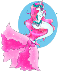 Size: 1152x1280 | Tagged: safe, artist:niniibear, imported from derpibooru, oc, oc only, hybrid, merpony, seapony (g4), auction, blushing, dorsal fin, female, fin wings, fins, fish tail, flower, flower in hair, flowing mane, flowing tail, green eyes, pink mane, signature, simple background, solo, sparkles, starry tail, tail, transparent background, wings