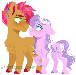 Size: 1024x1003 | Tagged: safe, artist:artistcoolpony, imported from derpibooru, imported from twibooru, babs seed, diamond tiara, earth pony, pony, alternate hairstyle, babstiara, bedroom eyes, blushing, chest fluff, ear piercing, earring, eyeshadow, female, jewelry, lesbian, looking at each other, makeup, mare, older, older babs seed, older diamond tiara, piercing, raised hoof, shipping, simple background, size difference, transparent background, unshorn fetlocks