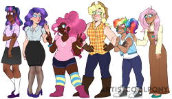 Size: 2033x1175 | Tagged: safe, artist:artistcoolpony, imported from derpibooru, applejack, fluttershy, pinkie pie, rainbow dash, rarity, twilight sparkle, human, :p, alternate hairstyle, applejack's hat, bandaid, boots, chubby, clothes, converse, cowboy boots, cowboy hat, dark skin, diversity, dress, ear piercing, earring, eyeshadow, female, fingerless gloves, flannel, flats, freckles, gloves, gritted teeth, hat, high heels, hoodie, humanized, jewelry, lipstick, looking at each other, makeup, mane six, masculine, nail polish, nylon, one eye closed, peace sign, piercing, shoes, shorts, simple background, size difference, skirt, sleeveless, sleeveless hoodie, socks, stockings, striped socks, tanktop, thigh highs, tongue out, transparent background, wink