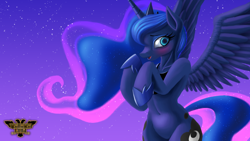 Size: 3840x2160 | Tagged: safe, artist:tsaritsaluna, imported from derpibooru, princess luna, alicorn, pony, semi-anthro, luna eclipsed, bipedal, blushing, both cutie marks, crown, embarrassed, eyeshadow, female, high res, jewelry, makeup, mare, regalia, scene interpretation, solo, spread wings, wide hips, wings