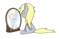 Size: 806x533 | Tagged: safe, artist:cookieboy011, imported from derpibooru, derpy hooves, pegasus, pony, cute, mirror, reflection, simple background, solo, white background