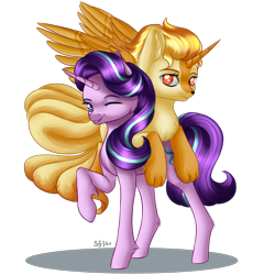 Size: 2000x2000 | Tagged: safe, artist:brilliant-luna, imported from derpibooru, starlight glimmer, oc, alicorn, fox, fox pony, hybrid, ninetales, original species, poképony, pony, unicorn, duo, high res, kitsune, kitsune pony, pokémon, request, simple background, transparent background