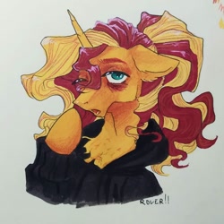 Size: 1080x1080 | Tagged: safe, artist:rover, artist:rrrover, imported from derpibooru, sunset shimmer, pony, unicorn, equestria girls, alternate hairstyle, bust, clothes, hoodie, ponytail, portrait, sleepy, solo, tired