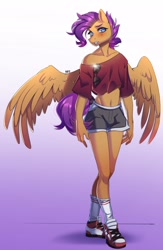 Size: 1333x2048 | Tagged: safe, artist:averageocporn, imported from derpibooru, oc, oc only, anthro, pegasus, anthro oc, clothes, dressed, femboy, male, midriff, not scootaloo, off shoulder, solo