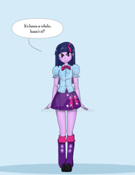 Size: 900x1170 | Tagged: safe, artist:peribooty, imported from derpibooru, twilight sparkle, human, equestria girls, looking at you, solo, speech bubble, talking to viewer