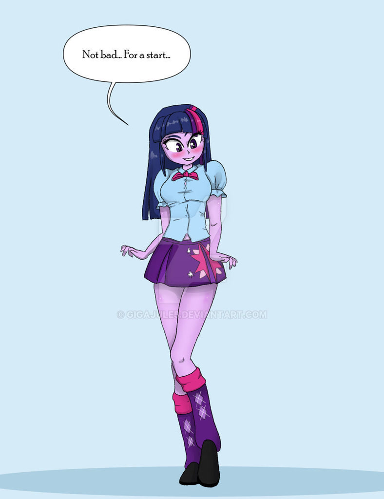 2666753 - safe, twilight sparkle, solo, female, clothes, simple background,  breasts, smiling, equestria girls, blushing, looking at you, dialogue,  skirt, shoes, shirt, speech bubble, part of a set, growth, breast expansion,  leg