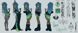 Size: 4700x2000 | Tagged: safe, artist:galaxiedream, imported from derpibooru, queen chrysalis, human, barefoot, belt, boots, bra, choker, clothes, commission, crown, dark skin, dress, ear piercing, earring, elf ears, eyeshadow, fangs, feet, female, fishnets, genderfluid, gray background, green underwear, high heel boots, high res, humanized, jacket, jewelry, leather jacket, lipstick, makeup, nail polish, nose piercing, open mouth, panties, piercing, reference sheet, regalia, shoes, simple background, skirt, sleeveless, sleeveless sweater, solo, spiked choker, spiked wristband, sweater, tanktop, tattoo, toenail polish, tongue piercing, torn clothes, underwear, wall of tags, winged humanization, wings, wristband