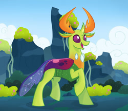 Size: 1280x1105 | Tagged: safe, artist:angellightyt, imported from derpibooru, thorax, changedling, changeling, bush, cloud, cute, happy, king thorax, male, open mouth, raised leg, solo, thorabetes