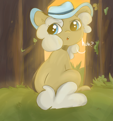 Size: 1811x1931 | Tagged: safe, artist:mushy, imported from derpibooru, oc, oc only, oc:the mare with no name, earth pony, pony, blue eyes, butt, female, grass, hat, looking back, mare, shading, sitting, solo, sunset, tree