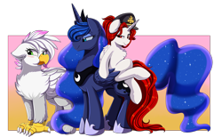 Size: 3920x2407 | Tagged: safe, artist:pridark, imported from derpibooru, princess luna, oc, oc:serena rosewing, oc:winter ruby, alicorn, griffon, pony, unicorn, alicorn oc, blue eyes, commission, crossed legs, cutie mark, ethereal mane, ethereal tail, griffon oc, hat, high res, horn, jealous, red eyes, sitting on person, wings