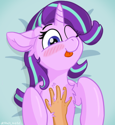 Size: 4000x4348 | Tagged: safe, alternate version, artist:d3f4ult_4rt1st, imported from derpibooru, starlight glimmer, human, pony, unicorn, :p, absurd resolution, alternate character, bellyrubs, blushing, chest fluff, cute, ear fluff, female, floppy ears, glimmerbetes, hand, hooves, horn, human on pony petting, lying down, mare, offscreen character, on back, one eye closed, petting, shading, signature, solo, solo focus, tongue out