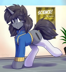 Size: 1600x1750 | Tagged: safe, artist:shadowreindeer, imported from derpibooru, oc, oc only, oc:kate, pony, unicorn, fallout equestria, clothes, eye clipping through hair, fallout, female, jumpsuit, mare, raised leg, socks, solo, stockings, thigh highs, vault suit