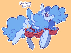 Size: 1024x767 | Tagged: safe, artist:goatpaste, imported from derpibooru, blueberry baskets, pegasus, pony, basket, blueberry, food, g1, g1 to g4, g4, generation leap, simple background, solo, yellow background