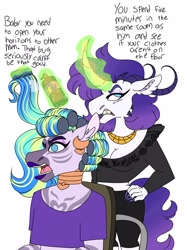 Size: 2624x3507 | Tagged: safe, artist:dodiejinx, imported from derpibooru, oc, oc only, oc:amelle sky, oc:rahulib, anthro, dracony, dragon, hybrid, pony, zebra, annoyed, anthro oc, breasts, cleavage, crossdressing, duo, female, glowing horn, hair curlers, hair spray, hairdresser, high res, horn, interspecies offspring, lipstick, magic, male, offspring, parent:rarity, parent:spike, parents:sparity, simple background, white background, zebra oc