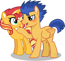 Size: 860x805 | Tagged: safe, artist:star-gaze-pony, imported from derpibooru, flash sentry, sunset shimmer, pegasus, pony, unicorn, blushing, dreamworks face, female, flashimmer, looking at each other, male, mare, open mouth, open smile, scrunchy face, shipping, simple background, smiling, smiling at each other, stallion, straight, transparent background