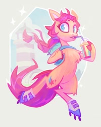 Size: 1080x1350 | Tagged: safe, artist:adreamera, imported from derpibooru, sunny starscout, earth pony, pony, semi-anthro, backpack, bipedal, chest fluff, drink, drinking, female, g5, leg fluff, mare, roller skates, rollerblades, skates, smoothie, solo, straw