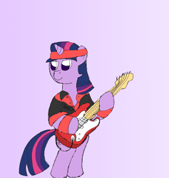 Size: 1955x2065 | Tagged: safe, artist:sparkfler85, imported from derpibooru, twilight sparkle, pony, unicorn, bipedal, bracelet, clothes, dire straits, electric guitar, female, fender stratocaster, guitar, headband, jewelry, musical instrument, parody, rock (music), simple background, solo, solo female, standing, unicorn twilight