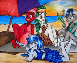 Size: 988x809 | Tagged: safe, artist:liaaqila, imported from derpibooru, oc, oc only, oc:balmoral, oc:elizabat stormfeather, oc:olivia leaf, oc:venus red heart, equestria girls, barefoot, beach, beach umbrella, bedroom eyes, bikini, bikini bottom, bikini top, bracelet, clothes, commission, dress, ear piercing, earring, equestria girls-ified, feather, feet, female, fetish, foot fetish, glasses, grin, headband, jewelry, kilt, laughing, lying down, open mouth, piercing, prone, smiling, smirk, soles, sunset, swimsuit, the pose, tickle torture, tickling, traditional art, water