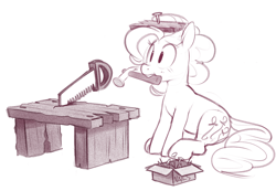 Size: 3444x2379 | Tagged: safe, artist:hattsy, imported from ponybooru, pinkie pie, earth pony, pony, box, female, hacksaw, hammer, mare, monochrome, mouth hold, nails, plank, simple background, sitting, sketch, solo, spongebob reference, white background, workbench