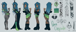 Size: 1280x545 | Tagged: safe, artist:galaxiedream, imported from derpibooru, queen chrysalis, human, barefoot, belt, boots, bra, choker, clothes, commission, crown, dark skin, dress, ear piercing, earring, elf ears, eyeshadow, fangs, feet, female, fishnets, gray background, green underwear, high heel boots, humanized, jacket, jewelry, leather jacket, lipstick, makeup, nail polish, nose piercing, open mouth, panties, piercing, reference sheet, regalia, shoes, simple background, skirt, sleeveless, sleeveless sweater, solo, spiked choker, spiked wristband, sweater, tanktop, tattoo, toenail polish, tongue piercing, torn clothes, underwear, winged humanization, wings, wristband