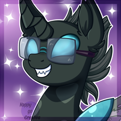 Size: 500x500 | Tagged: safe, artist:happy-go-creative, imported from derpibooru, oc, oc:tarsi, changeling, avatar, bust, commission, glasses, grin, icon, portrait, purple, smiling, your character here