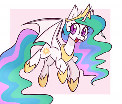Size: 1750x1500 | Tagged: safe, artist:handgunboi, edit, imported from twibooru, princess celestia, alicorn, bat pony, pony, abstract background, fangs, female, flying, image, looking at you, mare, needs more jpeg, race swap, simple background, solo, watermark removal, white background