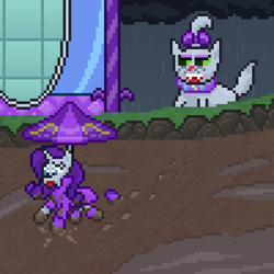 Size: 600x600 | Tagged: safe, artist:nitobit, imported from derpibooru, part of a set, opalescence, rarity, cat, pony, unicorn, bow, carousel boutique, cloud, female, mare, micro, mud, pixel art, puddle, rain, rain boots, raincoat, saddle umbrella, scared, screaming, umbrella, water, window