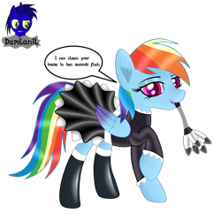 Size: 3840x3840 | Tagged: safe, alternate version, artist:damlanil, imported from derpibooru, rainbow dash, pegasus, pony, blushing, clothes, comic, cute, duster, eyeshadow, female, happy, latex, latex socks, looking at you, maid, makeup, mare, mouth hold, open mouth, rainbow maid, raised hoof, rubber, shine, shiny mane, simple background, socks, solo, talking to viewer, text, transparent background, vector, wings