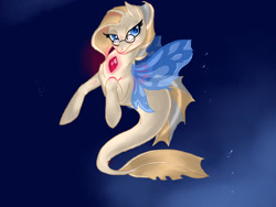 Size: 2048x1536 | Tagged: safe, artist:chickenwhite, imported from derpibooru, oc, oc only, hybrid, seapony (g4), siren, blue background, blue eyes, bubble, dorsal fin, eyelashes, fin wings, fish tail, flowing tail, gem, glasses, glow, looking at you, ocean, simple background, solo, swimming, tail, underwater, water, wings