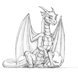 Size: 1000x920 | Tagged: safe, artist:baron engel, imported from derpibooru, oc, oc only, oc:cinder (goldfur), anthro, dragon, fanfic:quantum gallop, dragoness, female, grayscale, lidded eyes, looking at you, monochrome, pencil drawing, simple background, sitting, smiling, solo, spread wings, traditional art, white background, wings