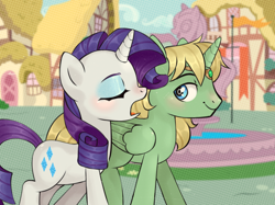 Size: 1200x898 | Tagged: safe, artist:naperdysh, imported from derpibooru, rarity, oc, oc:mark wells, pegasus, pony, unicorn, fanfic:off the mark, blushing, duo, eyes closed, eyeshadow, female, makeup, male, mare, open mouth, pegasus oc, smiling, stallion, wings