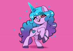 Size: 3237x2288 | Tagged: safe, artist:techycutie, imported from derpibooru, izzy moonbow, pony, unicorn, bipedal, bracelet, cute, female, g5, high res, izzybetes, jewelry, looking at you, mare, one eye closed, open mouth, pink background, raised hoof, simple background, solo, sparkles, unshorn fetlocks, wink