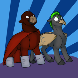 Size: 1000x1000 | Tagged: safe, artist:foxenawolf, imported from derpibooru, oc, oc:free agent, oc:long path, earth pony, pony, fanfic:quantum gallop, cape, clothes, colt, duo, fake beak, fake muzzle, fake wings, male, unshorn fetlocks