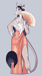 Size: 517x930 | Tagged: safe, artist:blackblood-queen, imported from derpibooru, imported from ponybooru, oc, oc only, oc:ametrine, anthro, unguligrade anthro, unicorn, anthro oc, clothes, curved horn, digital art, dress, eyeshadow, fan, female, horn, leonine tail, makeup, mare, side slit, solo, unicorn oc