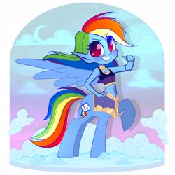 Size: 2500x2500 | Tagged: safe, artist:syrupyyy, imported from derpibooru, rainbow dash, anthro, centaur, alternate hairstyle, centaurdash, centaurified, clothes, cloud, elf ears, female, grin, high res, pointing at self, skirt, sky, smiling, solo, species swap, sports bra