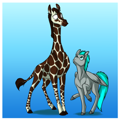 Size: 1000x1000 | Tagged: safe, artist:foxenawolf, imported from derpibooru, oc, oc only, oc:whirring cogs, giraffe, pegasus, pony, fanfic:quantum gallop, duo, gradient background, male, unshorn fetlocks