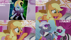 Size: 1280x720 | Tagged: safe, edit, edited screencap, editor:quoterific, imported from derpibooru, screencap, applejack, hoity toity, photo finish, earth pony, pony, honest apple, season 7, applejack's hat, carousel boutique, cowboy hat, crying, disco ball, disco ball (character), female, hat, laughing, male, mare, open mouth, picture, stallion, tears of laughter